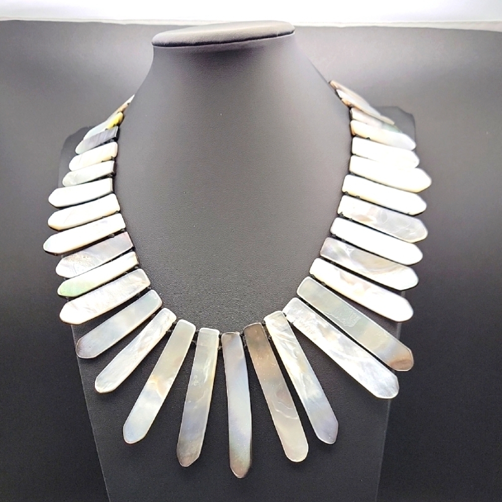 Elegant Rare Mother of Pearl Necklace 14" Double Sided Shell Choker Statement